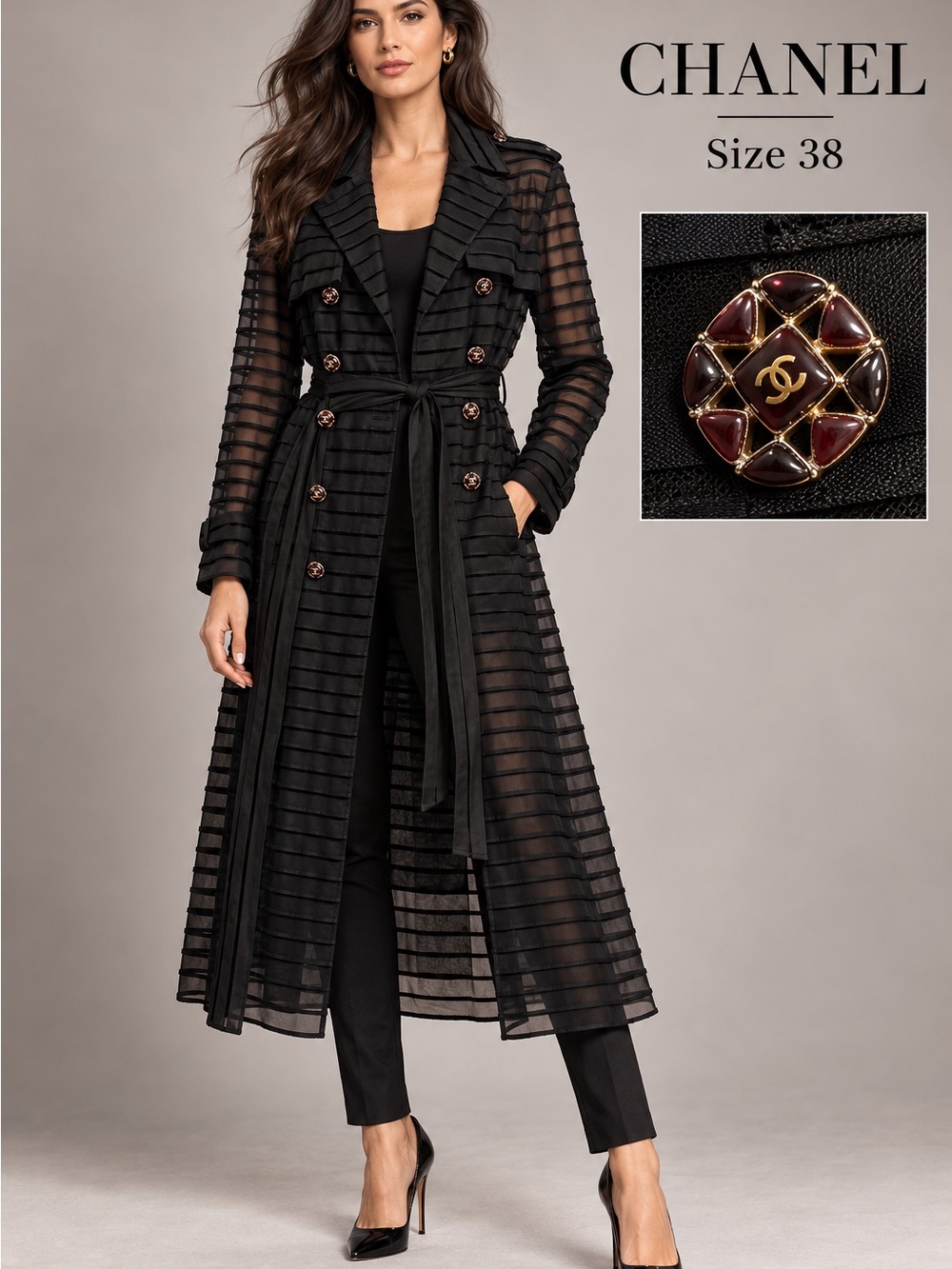 CHANEL Black Duster with Burgundy and Gold CC Logo Floral Cluster Buttons
